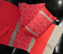 STUNNING-BED-RUNNER-THROW-60-CM-X-250-CM-RED-AND-LATTE-WITH-SILVER-EMBROIDED-FANS-&-MATCHING-SCATTER-CUSHIONS